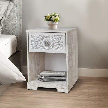 Nate 22 Inch Classic Nightstand, 1 Compartment, 1 Drawer, Antique White By Casagear Home