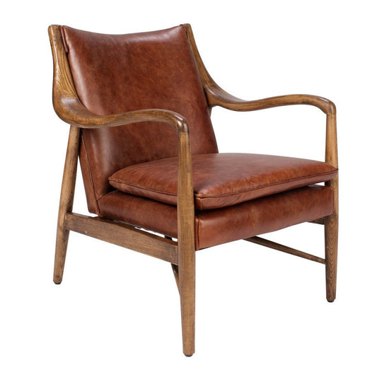 29 Inch Classic Wood Club Chair, Top Grain Leather Seat, Curved Arms, Brown By Casagear Home