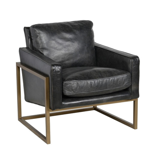 30 Inch Classic Club Chair, Top Grain Black Leather Upholstery, Brass Frame By Casagear Home