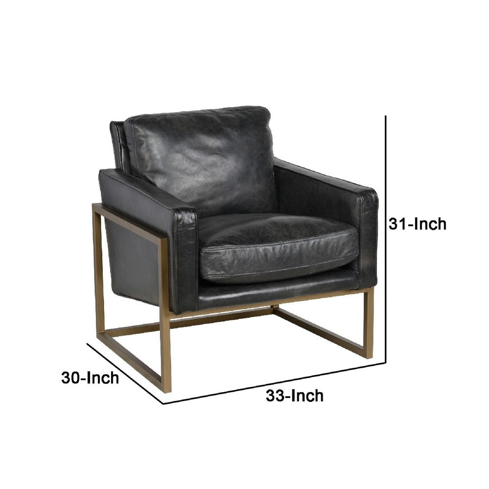 30 Inch Classic Club Chair Top Grain Black Leather Upholstery Brass Frame By Casagear Home BM283461