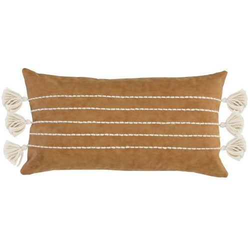 Karen Lumbar Throw Pillow | 14 x 26 | Tassels | Light Brown White Stripes