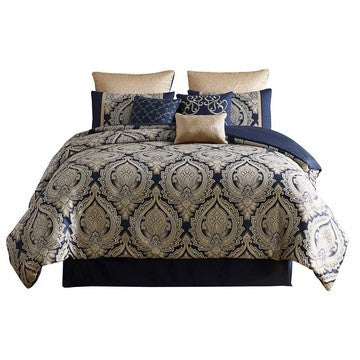 Nova 9 Piece Polyester Queen Comforter Set, Gold Damask Print, Navy Blue By Casagear Home