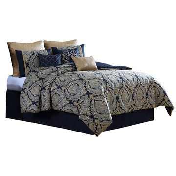 Nova 9 Piece Polyester Queen Comforter Set Gold Damask Print Navy Blue By Casagear Home BM283873