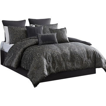 Pixie 10 Piece Polyester King Comforter Set, Damask Pattern, Charcoal Gray By Casagear Home