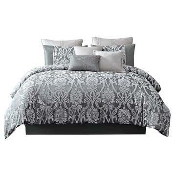 Emma Queen Comforter Set | 9 Piece | Polyester | Gray Silver Velvet Damask