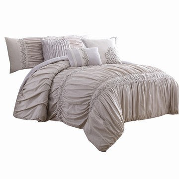 Rue Queen Comforter Set | 8 Piece | Pleated Microfiber | Beige