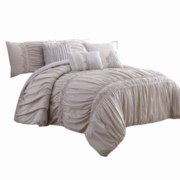 Rue King Comforter Set | 8 Piece | Pleated Microfiber | Beige