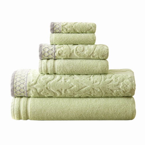Noa Towel Set | 6 Piece | Egyptian Cotton | Damask Trim | Green
