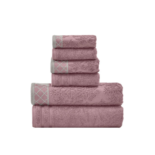 Noa Towel Set | 6 Piece | Egyptian Cotton | Damask Pattern | Purple