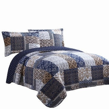 Mai Quilt Set | 3 Piece Queen | Patchwork Reversible | Blue Rust