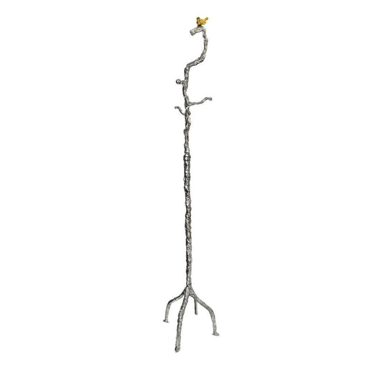 71 Inch Modern Aluminum Coat Stand, Branch Accent, Perched Bird, Silver By Casagear Home