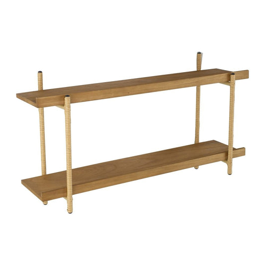 36 Inch Modern Wood Two Tier Shelf, Rattan Braiding, Brown, Gold By Casagear Home