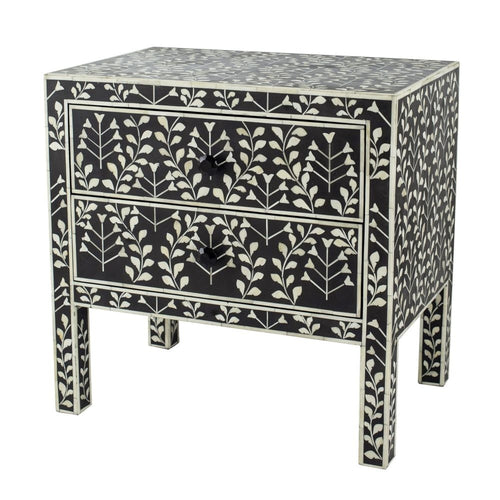 Storage Chest | 24" | 2 Drawers | Bone Inlay | Floral Pattern | Black