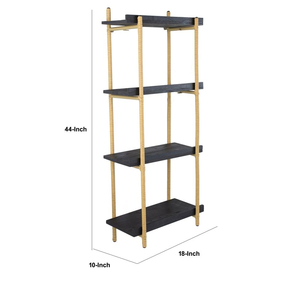 44 Inch Modern Wood Four Tier Shelf Natural Rattan Braiding Gold Black By Casagear Home BM284767