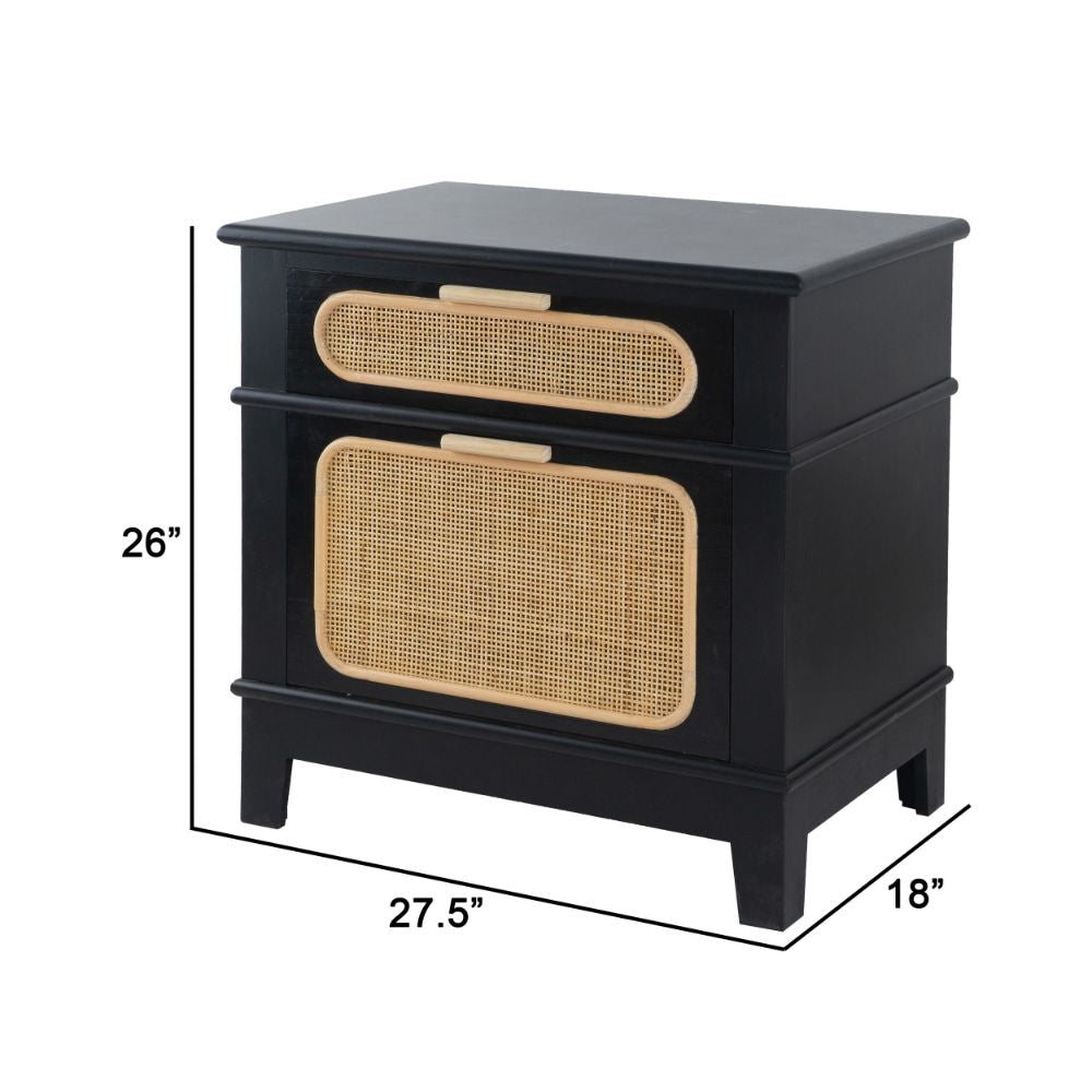 Dana 27 Inch Bedside Table 2 Rattan Drawers Pine Wood Black Brown By Casagear Home BM284783