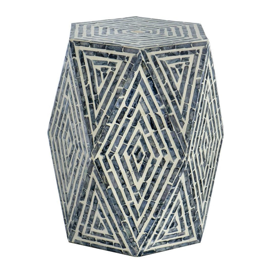 18 Inch Accent Table Stool, Hexagonal Design, Diamond Pattern, Blue, White By Casagear Home