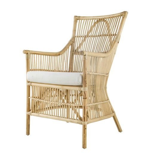 23 Inch Rattan Dining Armchair, White Fabric Padded Seat, Natural Brown By Casagear Home