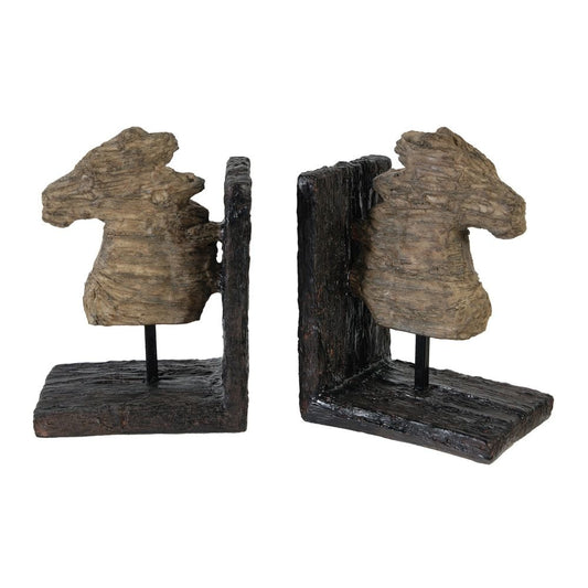 Ari Set of 2 Classic Bookends, Horse Bust, Polyresin, Metal, Brown, Black By Casagear Home