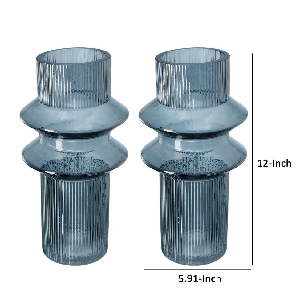 Rae Set of 2 Glass Vases Tall Round Cylinders Smokey Blue Clear Finish By Casagear Home BM284992