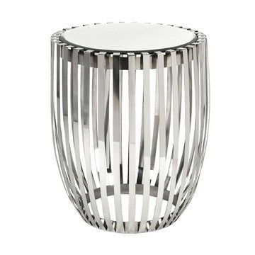 23 Inch Accent Side Table, Polished Steel Ribs, Drum, Mirrored Top, Silver By Casagear Home
