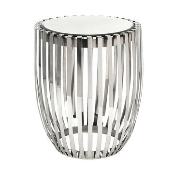 Accent Side Table | 23" | Steel Ribs | Drum Shape | Mirrored Top | Silver