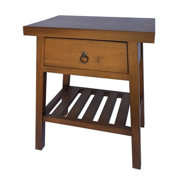 Side Table | 26" | Drawer | Slatted Shelf | Brown Wood