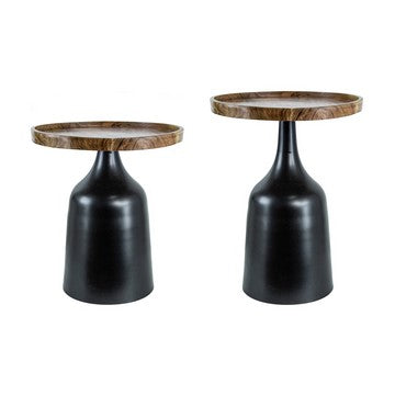 Side Tables | 20", 17" | Acacia Wood | Pedestal Base | Black Aluminum