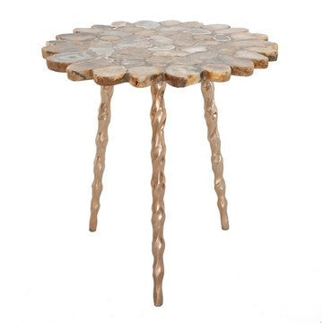 19 Inch Accent Side Table, Agate Stone Top, Metal Legs, Gold By Casagear Home