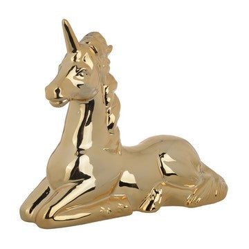 11 Inch Sitting Unicorn Figurine, Ceramic Statuette in Gold Metallic Finish By Casagear Home