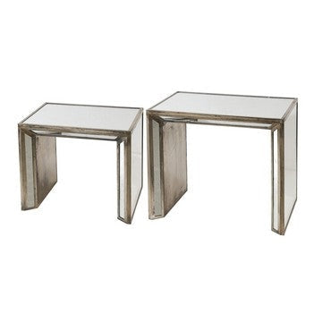 Nesting Side Tables | 27", 21" | Mirrored Wood Frame | Silver