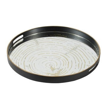 18 Inch Decorative Tray, Round Black Wood Frame, Mirrored Bottom By Casagear Home