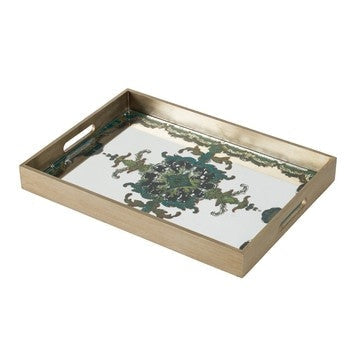 Miki 18 Inch Decorative Tray, Artistic Mirrored Damask Pattern, Gold Finish By Casagear Home