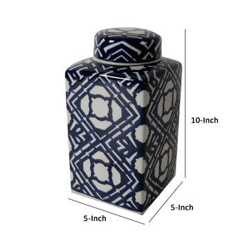 10 Inch Lidded Jar Porcelain Construction Deep Blue Graphic Trellis By Casagear Home BM285534