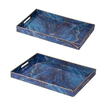 Decorative Trays | 19", 18" | Blue Pattern | Gold Rim