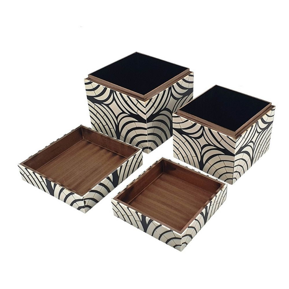 8 7 Inch Storage Box Set of 2 Wood Frame Black and White Trellis By Casagear Home BM285922