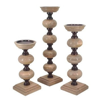 Candleholders | Set of 3 | 23", 18", 14" | Wood Pillar Orbs | Brown