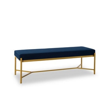 Lola 55 Inch Long Bench with Metal Frame and Padded Seat, Navy Blue Velvet By Casagear Home
