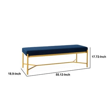 Lola 55 Inch Long Bench with Metal Frame and Padded Seat Navy Blue Velvet By Casagear Home BM286204