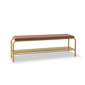 Kipp 55 Inch Shoe Rack Bench Gold Metal Frame Shelf Pink Velvet Seat By Casagear Home BM286210