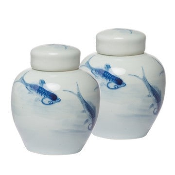 8 Inch Lidded Ginger Jar, Painted Koi Fish, White Blue Porcelain, Set of 2 By Casagear Home
