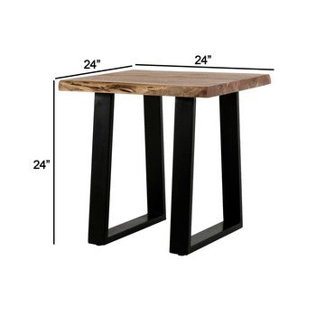 24 Inch End Table Rustic Style Brown Acacia Wood Top Tall Metal Base By Casagear Home BM286427