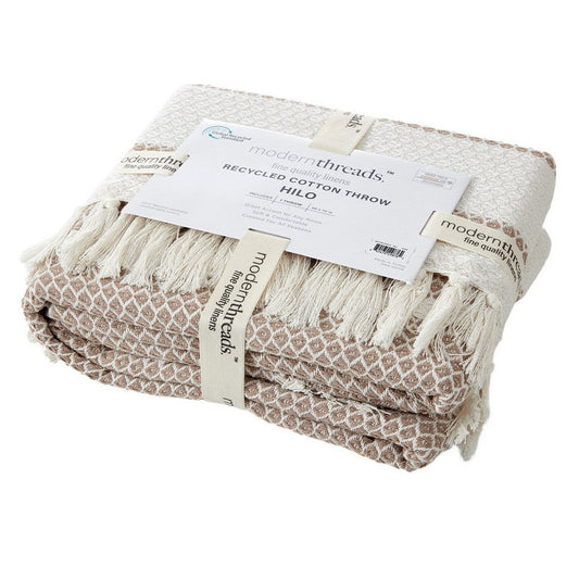 Ida 60 x 70 Throw Blanket with Diamond Knitted Cotton, Beige and White By Casagear Home