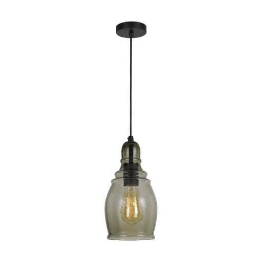 6 Inch Modern LED Pendent Light, Rippled Glass Shade, Smoky Finish, Black By Casagear Home