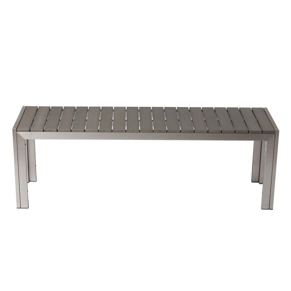 Theo 53 Inch Outdoor Bench, Gray Aluminum Frame, Plank Style Seat Surface By Casagear Home