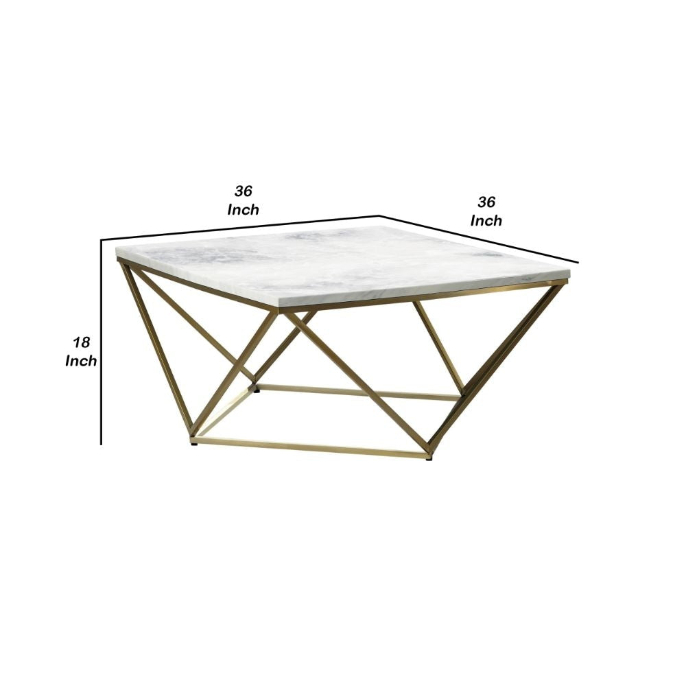 36 Inch Modern Square Coffee Table White Faux Marble Top Slender Gold Base By Casagear Home BM294154