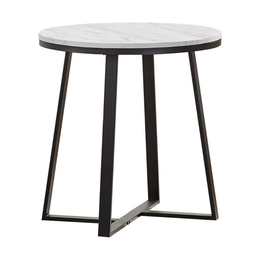 24 Inch End Table, White Faux Marble Round Top, Artisanal Metal Framework By Casagear Home