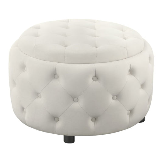 Lina 28 Inch Round Ottoman, Storage Area, Pearl White Vegan Faux Leather By Casagear Home