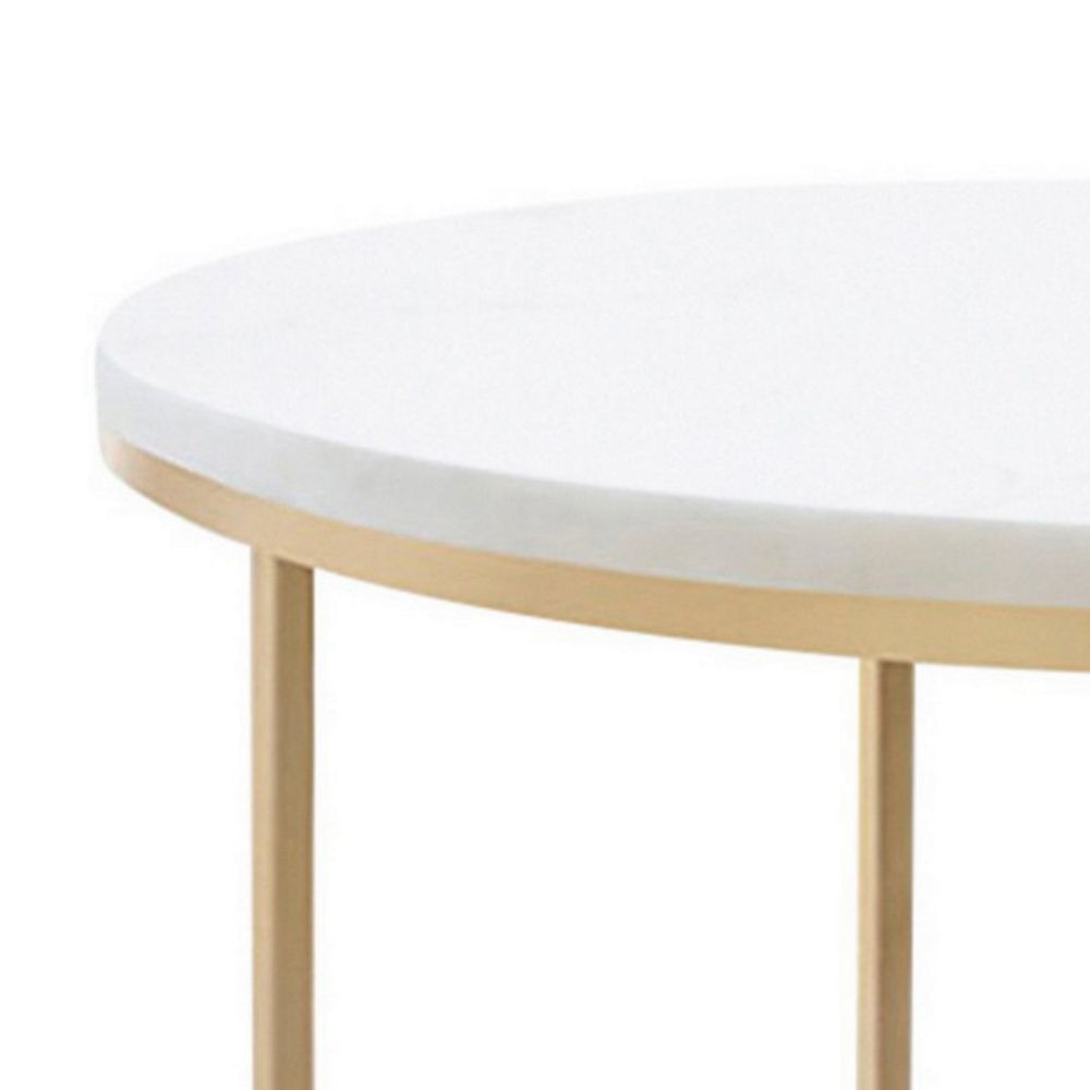 24 Inch Side End Table Rounded Marble Surface Sleek Gold Metal Frame By Casagear Home BM294821