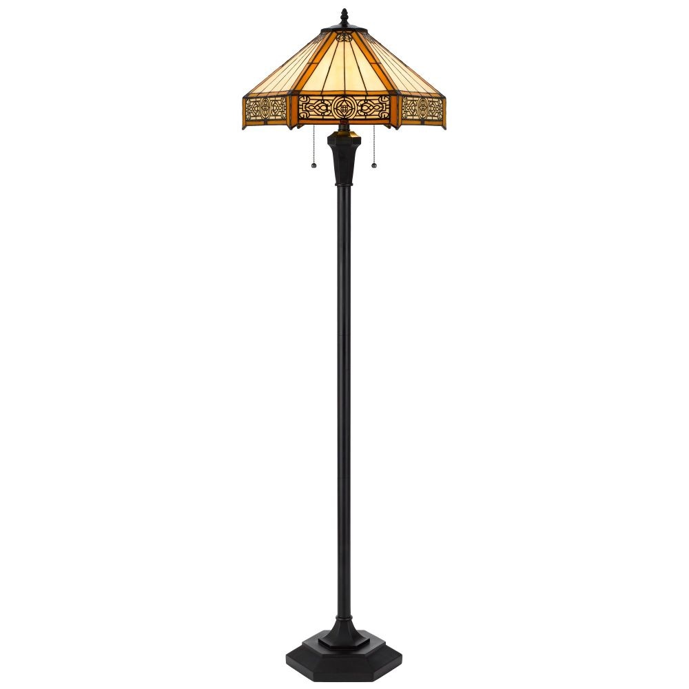Eli 60 Inch Floor Lamp, Hexagonal Tiffany Style Shade, Dual Light, Bronze By Casagear Home