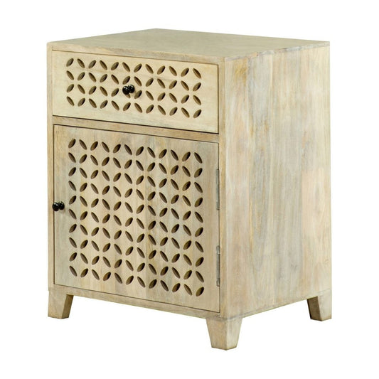 22 Inch 1 Drawer Accent Cabinet, Lattice Cut Outs on Front, Whitewash Wood By Casagear Home